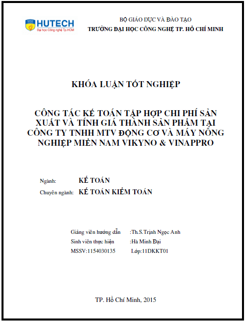 cong tac ke toan tap hop chi phi san xuat va tinh gia thanh san pham tai cong ty tnhh mtv dong co va may nong nghiep mien nam vikyno vinappro
