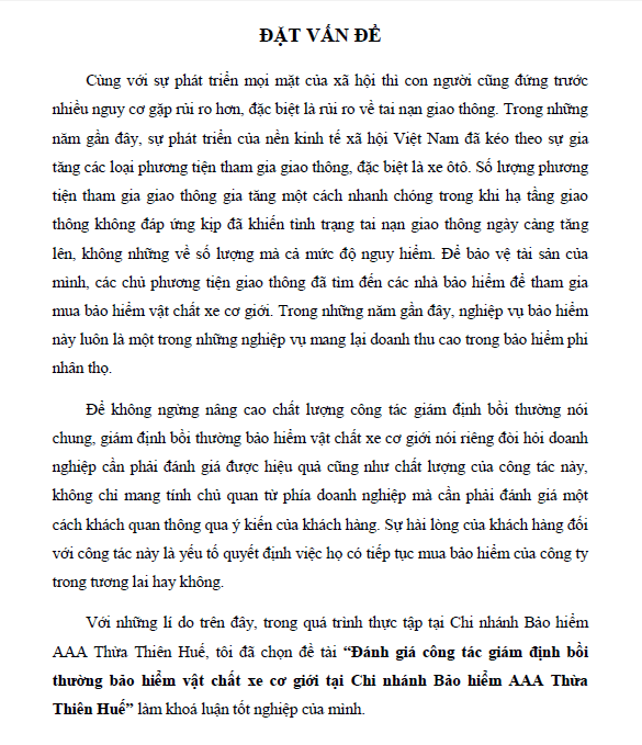 danh gia cong tac giam dinh boi thuong bao hiem vat chat xe co gioi tai chi nhanh bao hiem aaa thua thien hue
