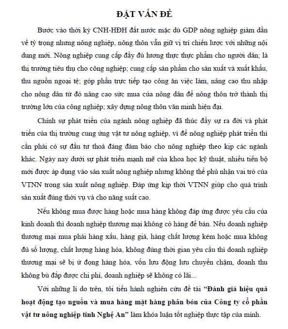 danh gia hieu qua hoat dong tao nguon va mua hang mat hang phan bon cua cong ty co phan vat tu nong nghiep tinh nghe an