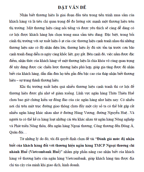 danh gia muc do nhan biet cua khach hang doi voi thuong hieu ngan hang tmcp ngoai thuong chi nhanh hue vietcombank hue