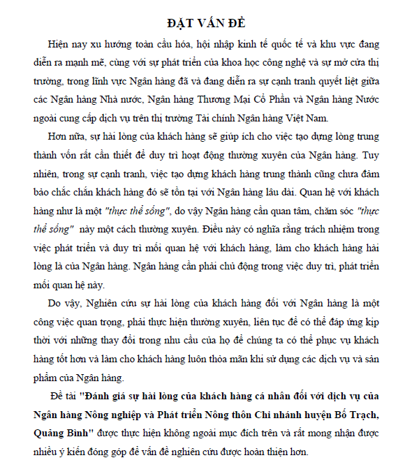danh gia su hai long cua khach hang ca nhan doi voi dich vu cua ngan hang nong nghiep va phat trien nong thon chi nhanh huyen bo trach tinh quang binh