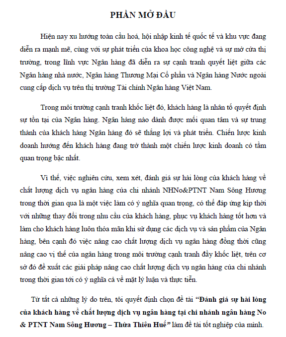danh gia su hai long cua khach hang ve chat luong dich vu ngan hang tai chi nhanh ngan hang nong nghiep va phat trien nong thon nam song huong thua thien hue
