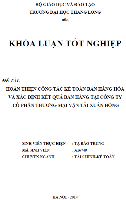 hoan thien cong tac ke toan ban hang va xac dinh ket qua ban hang tai cong ty co phan thuong mai van tai xuan hong