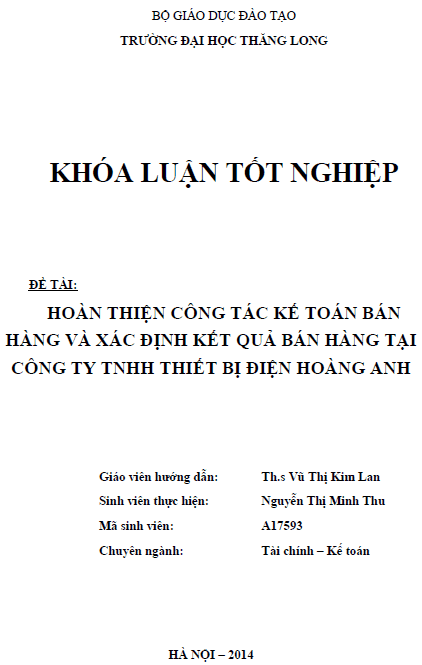hoan thien cong tac ke toan ban hang va xac dinh ket qua ban hang tai cong ty tnhh thiet bi dien hoang anh