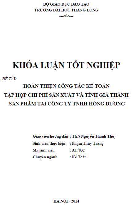 hoan thien cong tac ke toan tap hop chi phi san xuat va tinh gia thanh san pham tai cong ty tnhh hong duong