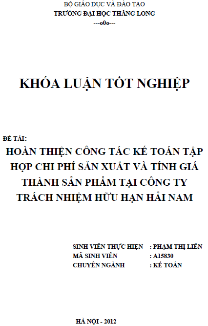 hoan thien cong tac ke toan tap hop chi phi san xuat va tinh gia thanh san pham tai cong ty trach nhiem huu han hai nam