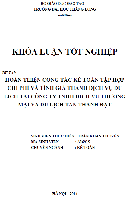 hoan thien cong tac ke toan tap hop chi phi va tinh gia thanh dich vu du lich tai cong ty tnhh dich vu thuong mai va du lich tan thanh dat