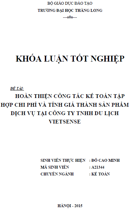 hoan thien cong tac ke toan tap hop chi phi va tinh gia thanh san pham dich vu tai cong ty tnhh du lich vietsense