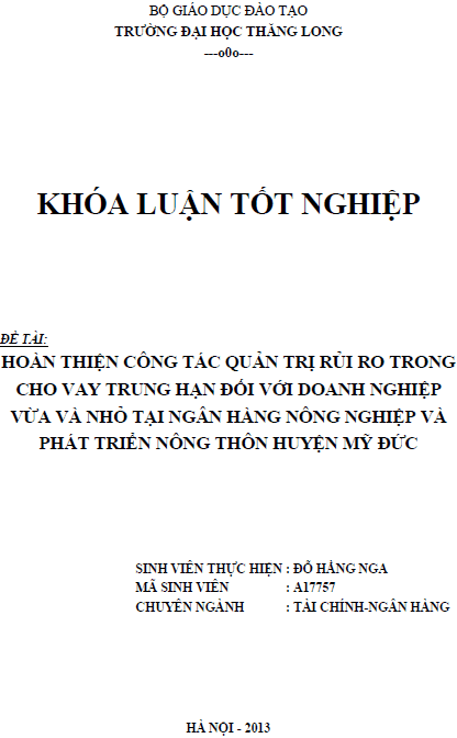 hoan thien cong tac quan tri rui ro tin dung trong cho vay trung han doi voi doanh nghiep vua va nho tai ngan hang nong nghiep va phat trien nong thon huyen my duc