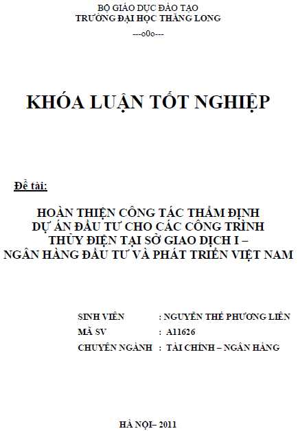 hoan thien cong tac tham dinh du an dau tu cho cac cong trinh thuy dien tai so giao dich i ngan hang dau tu va phat trien viet nam