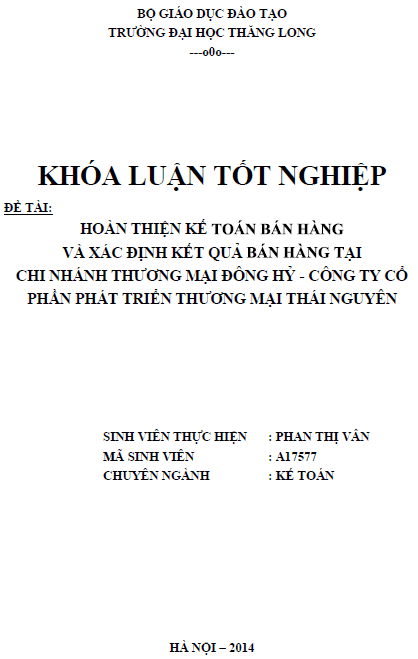 hoan thien ke toan ban hang va xac dinh ket qua ban hang tai chi nhanh thuong mai dong hy cong ty co phan phat trien thuong mai thai nguyen