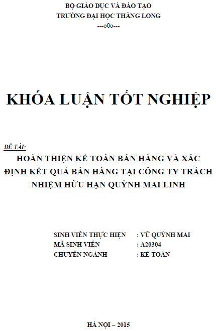 Hoàn thiện kế toán bán hàng và xác định kết quả bán hàng tại Công ty TNHH Quỳnh Mai Linh 1 hoan thien ke toan ban hang va xac dinh ket qua ban hang tai cong ty tnhh quynh mai linh