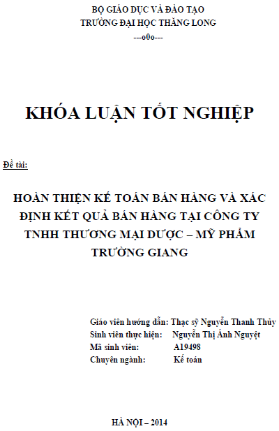 hoan thien ke toan ban hang va xac dinh ket qua ban hang tai cong ty tnhh thuong mai duoc my pham truong giang