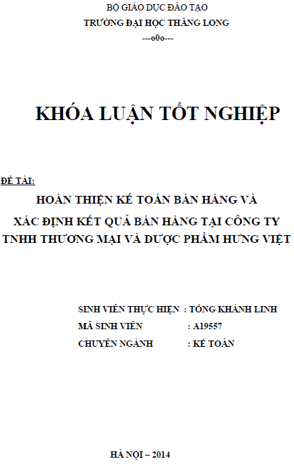 hoan thien ke toan ban hang va xac dinh ket qua ban hang tai cong ty tnhh thuong mai va duoc pham hung viet