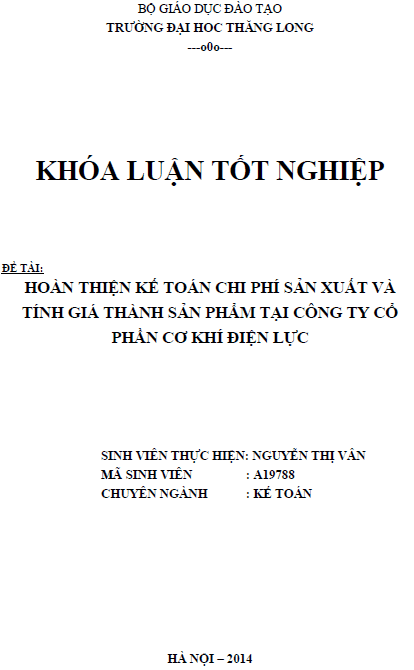 hoan thien ke toan chi phi san xuat va tinh gia thanh san pham tai cong ty co phan co khi dien luc