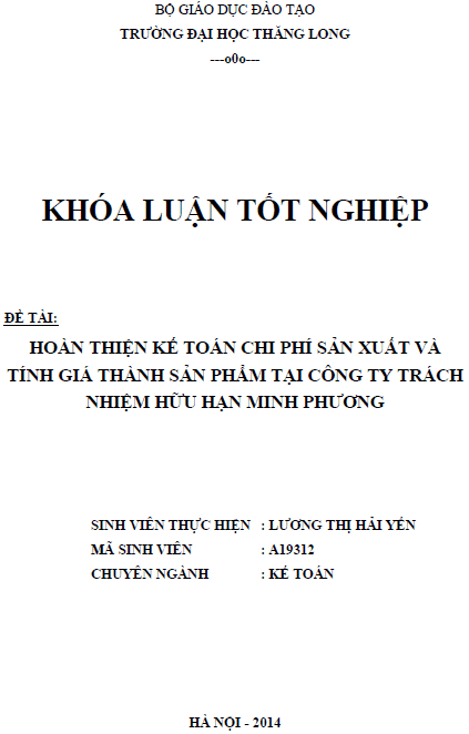 hoan thien ke toan chi phi san xuat va tinh gia thanh san pham tai cong ty tnhh minh phuong