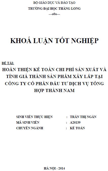 hoan thien ke toan chi phi san xuat va tinh gia thanh san pham xay lap tai cong ty co phan dau tu dich vu tong hop thanh nam