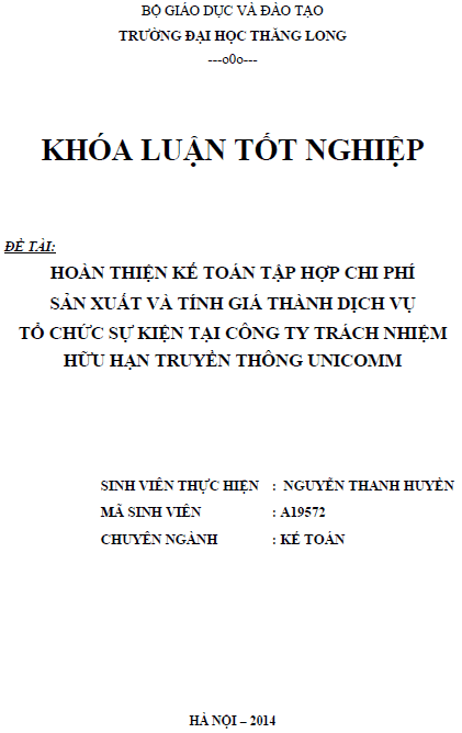 hoan thien ke toan tap hop chi phi san xuat va tinh gia thanh dich vu to chuc su kien tai cong ty tnhh truyen thong unicomm