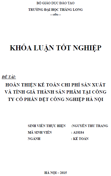 hoan thien ke toan tap hop chi phi san xuat va tinh gia thanh san pham xay lap tai cong ty co phan det cong nghiep ha noi