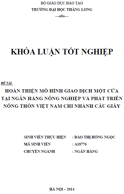 hoan thien mo hinh giao dich mot cua tai ngan hang nong nghiep va phat trien nong thon viet nam chi nhanh cau giay