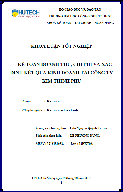 ke toan xac dinh doanh thu chi phi va xac dinh ket qua kinh doanh tai cong ty tnhh kim thinh phu