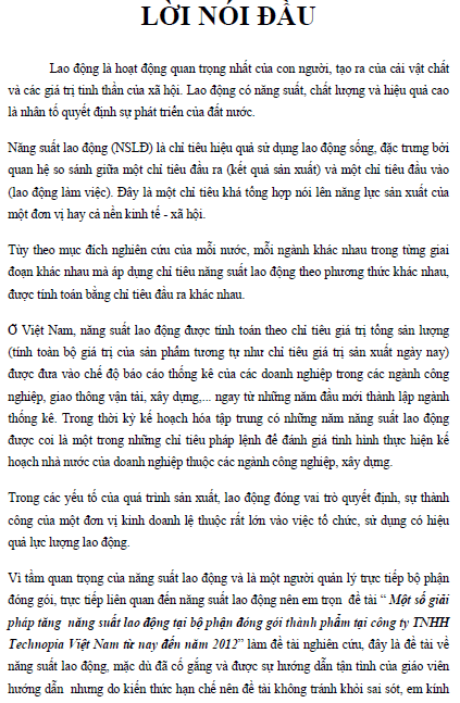 Một số giải pháp tăng năng xuất lao động tại bộ phận đóng gói thành phẩm tại công ty TNHH Technopia Việt Nam từ nay đến năm 2012 1 mot so giai phap tang nang xuat lao dong tai bo phan dong goi thanh pham tai cong ty tnhh technopia viet nam tu nay den nam 2012