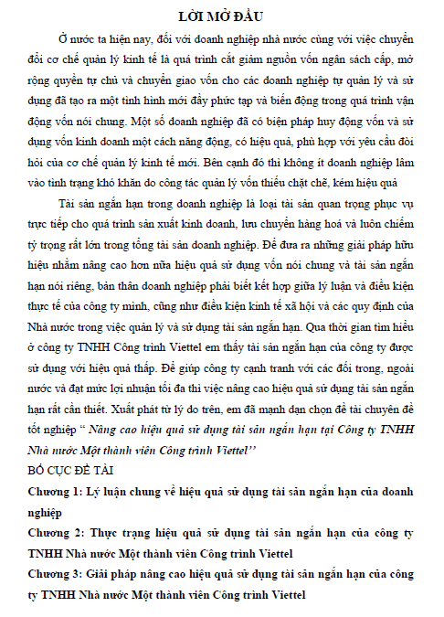 nang cao hieu qua su dung tai san ngan han tai cong ty tnhh nha nuoc mot thanh vien cong trinh viettel 1