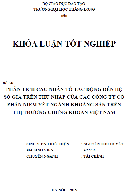 phan tich cac nhan to tac dong den he so gia tren thu nhap cua cac cong ty co phan niem yet nganh khoang san tren thi truong chung khoan viet nam