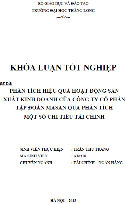phan tich hieu qua hoat dong san xuat kinh doanh cua cong ty co phan tap doan masan qua phan tich mot so chi tieu tai chinh