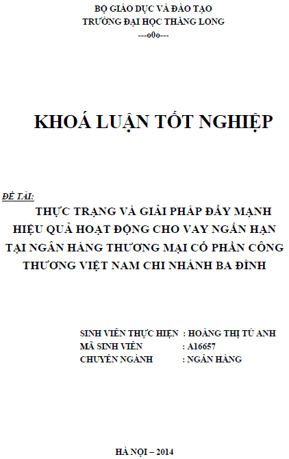 thuc trang va giai phap day manh hieu qua hoat dong cho vay ngan han tai ngan hang thuong mai co phan cong thuong viet nam chi nhanh ba dinh