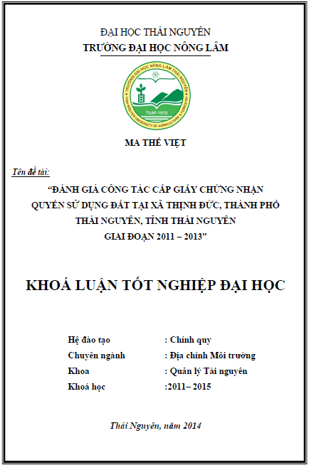 danh gia cong tac cap giay chung nhan quyen su dung dat tren dia ban xa thinh duc thanh pho thai nguyen giai doan 2011 2013