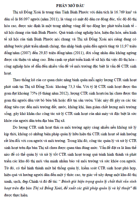 danh gia hien trang quan ly chat thai ran sinh hoat tren dia ban thi xa dong xoai de xuat cac giai phap quan ly va ky thuat