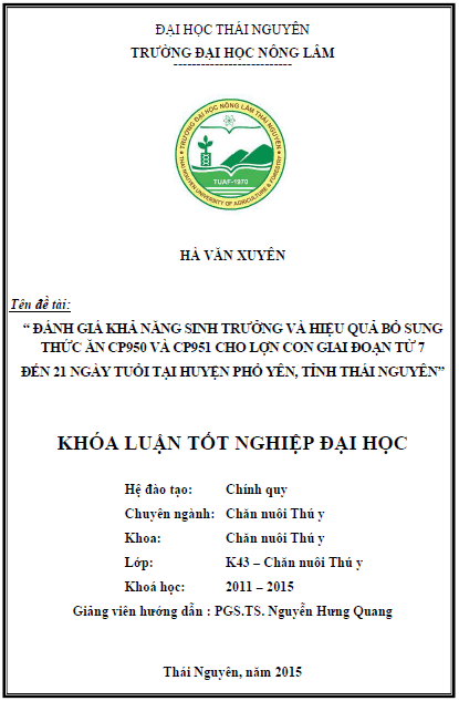 danh gia kha nang sinh truong va hieu qua bo sung thuc an cp950 va cp951 cho lon con giai doan tu 7 den 21 ngay tuoi tai huyen pho yen tinh thai nguyen