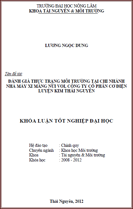 danh gia thuc trang moi truong tai chi nhanh nha may xi mang nui voi cong ty co phan co dien luyen kim thai nguyen