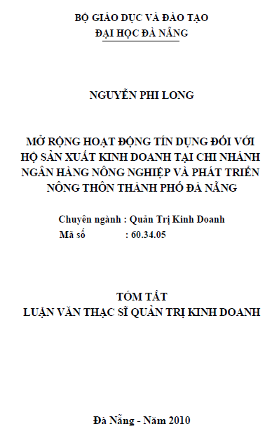 mo rong hoat dong tin dung doi voi ho san xuat kinh doanh tai chi nhanh ngan hang nong nghiep va phat trien nong thon thanh pho da nang
