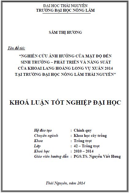 nghien cuu anh huong cua mat do den sinh truong phat trien va nang suat cua khoai lang hoang long vu xuan 2014 tai truong dai hoc nong lam thai nguyen