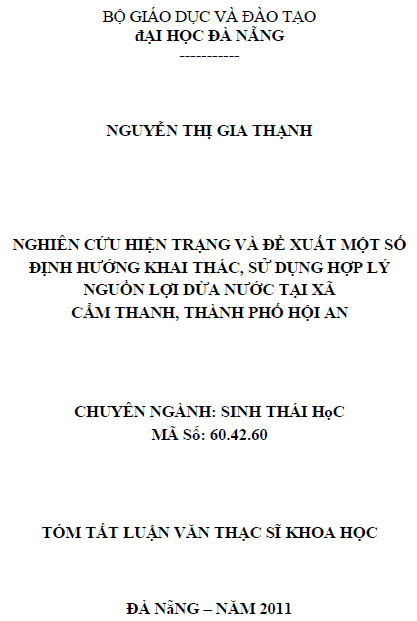 nghien cuu hien trang va de xuat mot so dinh huong khai thac su dung hop ly nguon loi dua nuoc tai xa cam thanh thanh pho hoi an