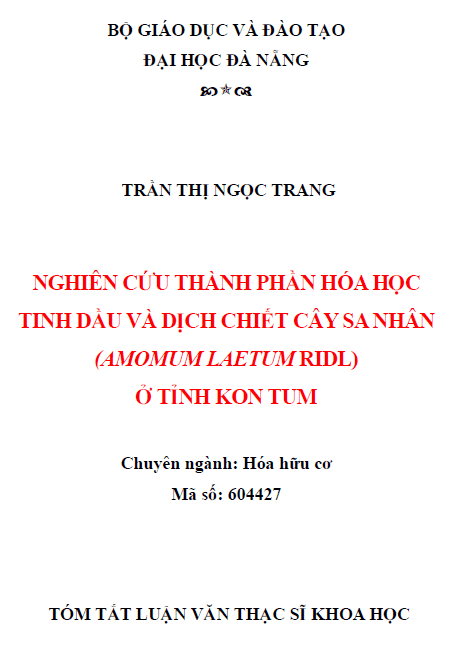 nghien cuu thanh phan hoa hoc tinh dau va dich chiet cay sa nhan amomum laetum ridl o tinh kon tum