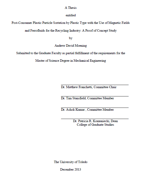 post consumer plastic particle sortation by plastic type with the use of magnetic fields and ferrofluids for the recycling industry a proof of concept study