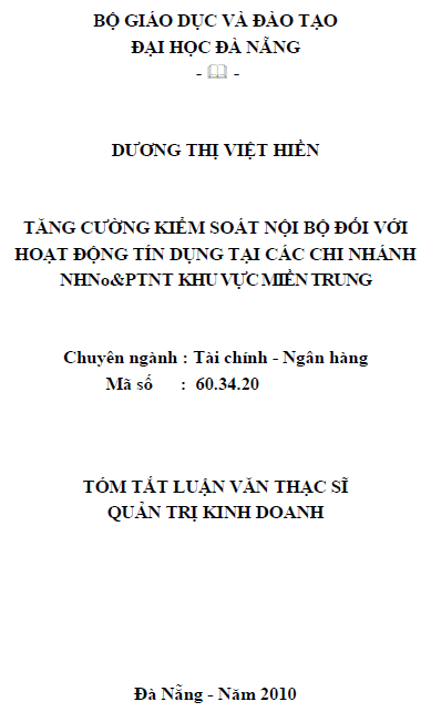 tang cuong kiem soat noi bo doi voi hoat dong tin dung tai cac chi nhanh ngan hang nong nghiep va phat trien nong thon khu vuc mien trung