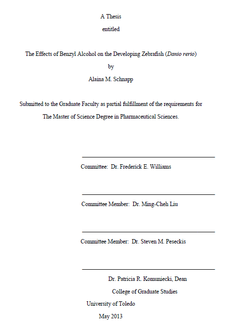 the effects of benzyl alcohol on the developing zebrafish danio rerio