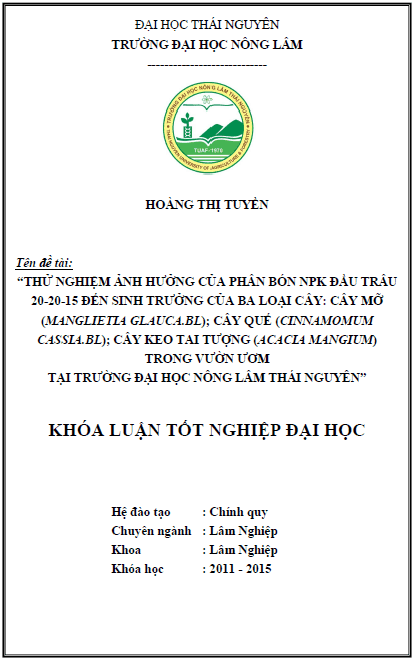 thu nghiem anh huong cua phan bon npk dau trau 20 20 15 den sinh truong cua ba loai cay cay mo cay que cay keo tai tuong trong vuon uom tai truong dai hoc nong lam thai nguyen