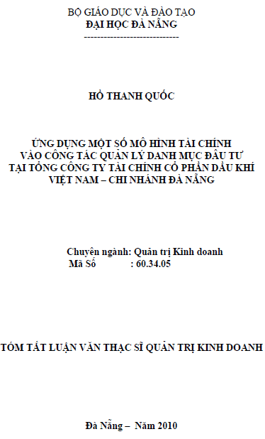 ung dung mot so mo hinh tai chinh vao cong tac quan ly danh muc dau tu tai tong cong ty tai chinh co phan dau khi viet nam chi nhanh da nang