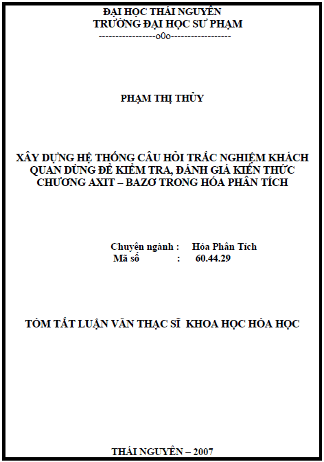 xay dung he thong cau hoi trac nghiem khach quan dung de kiem tra danh gia kien thuc chuong axit bazo trong hoa phan tich