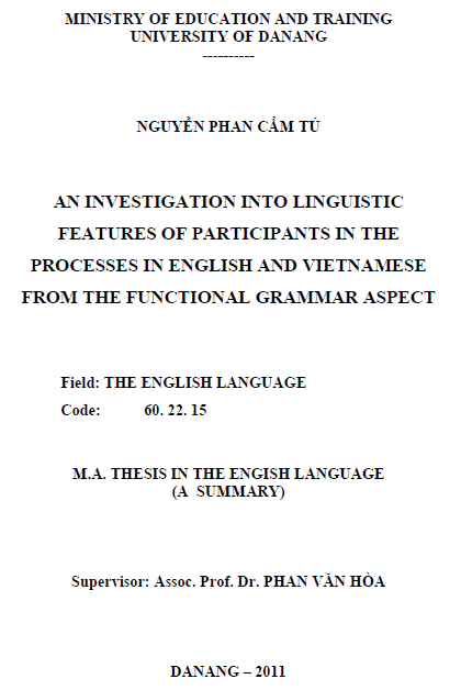 an investigation into linguistic features of participants in the processes in english and vietnamese from the functional grammar aspect