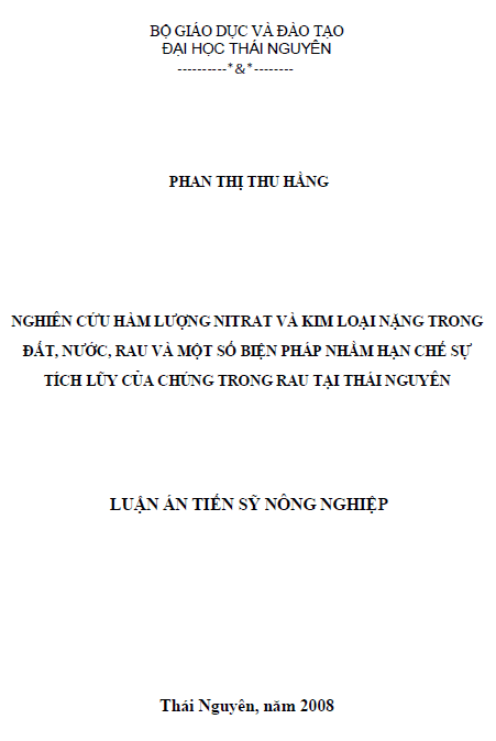 nghien cuu ham luong nitrat va kim loai nang trong dat nuoc rau va mot so bien phap nham han che su tich luy cua chung trong rau tai thai nguyen