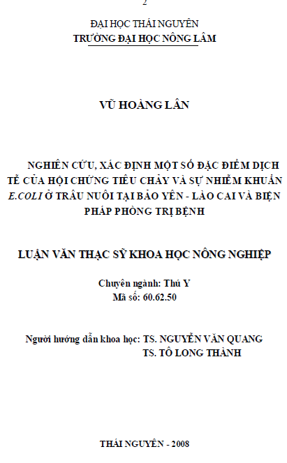 nghien cuu xac dinh mot so dac diem dich te cua hoi chung tieu chay va su nhiem khuan e coli o trau nuoi tai bao yen lao cai va bien phap phong tri benh