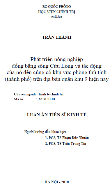 phat trien nong nghiep dong bang song cuu long va tac dong cua no den cung co khu vuc phong thu tinh thanh pho tren dia ban quan khu 9 hien nay
