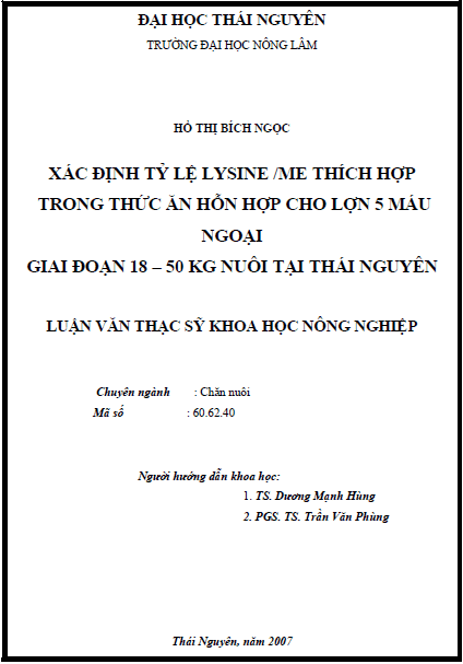xac dinh ty le lysine me thich hop trong thuc an hon hop cho lon 5 mau ngoai giai doan 18 50 kg tai thai nguyen