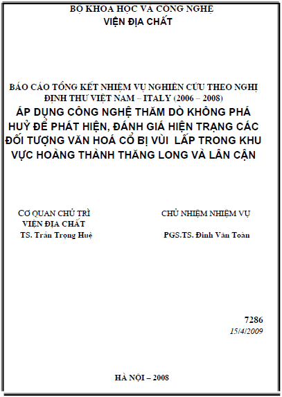 ap dung cong nghe tham do khong pha huy de phat hien danh gia hien trang cac doi tuong van hoa co bi vui lap trong khu hoang thanh thang long va lan can